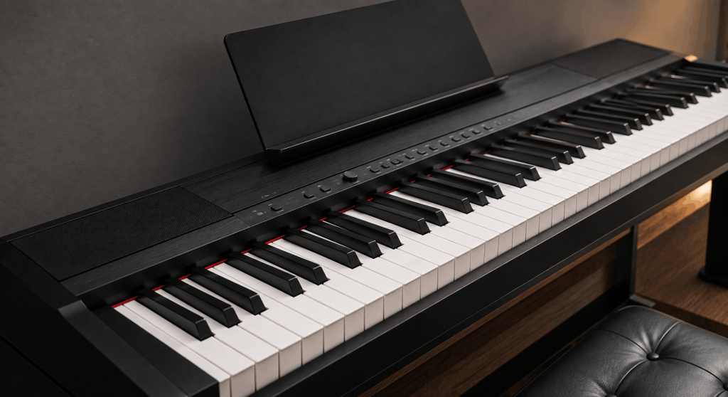 Abot-kayang digital piano na may full-size keys, built-in speakers, at modern controls para sa beginner home practice.