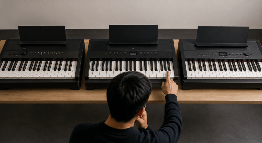 Beginner na naghahambing ng tatlong digital piano batay sa keys, controls, features, at praktikal na specs.
