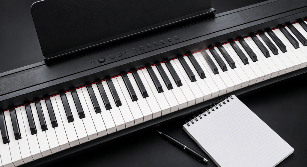 Digital piano na nagpapakita ng keys, controls, at speakers para sa beginner na nag-aaral ng mahahalagang specifications.