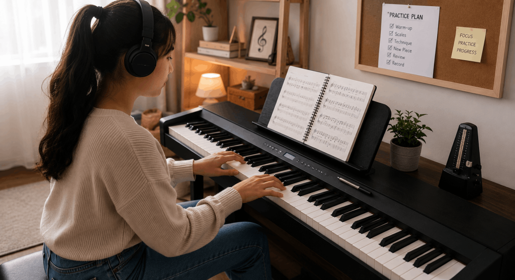 Beginner na nagsasanay sa digital piano gamit ang headphones, sheet music, at metronome para mas mabilis matuto.