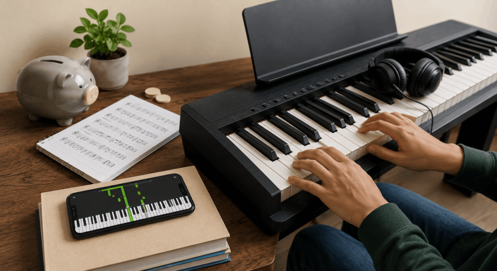 Beginner na nagpa-practice sa digital piano gamit ang libreng learning app at simpleng budget-friendly setup.