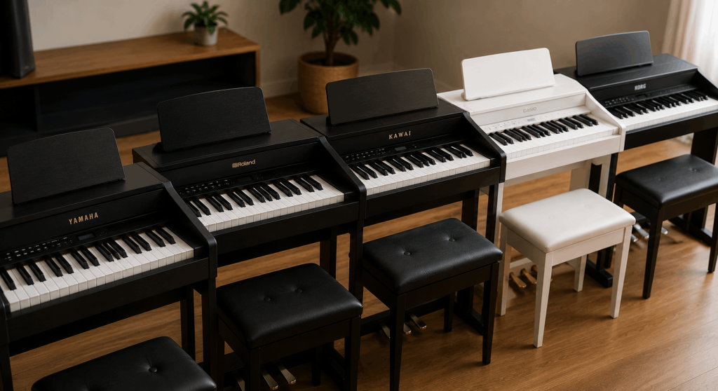 Iba't ibang digital piano brands na naka-display para ihambing ang kalidad, features, at value bago bumili.