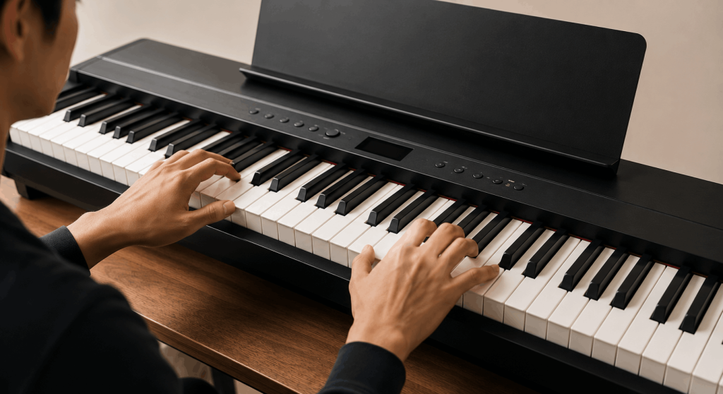 Beginner na tumutugtog ng sulit na digital piano na may responsive keys at simpleng controls para sa home practice.