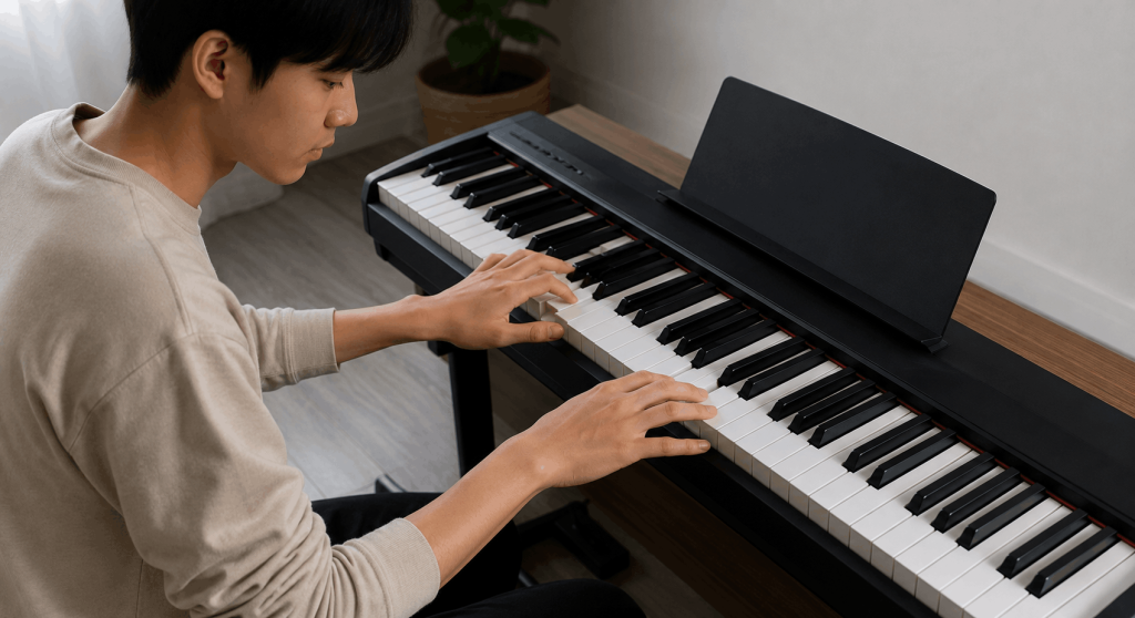 Beginner na tumutugtog ng digital piano habang nagsasanay sa bahay gamit ang simple at praktikal na setup.