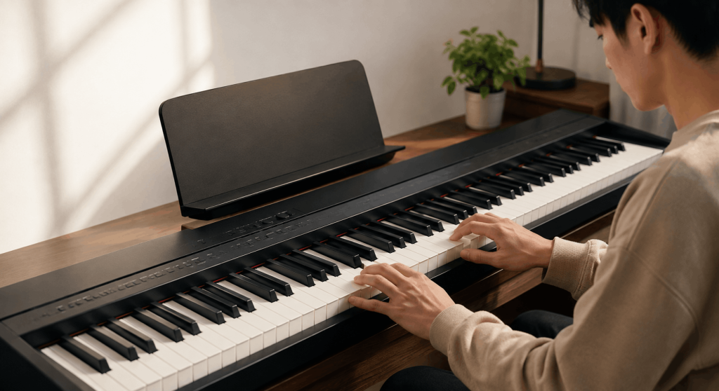 Beginner na tumutugtog ng entry-level digital piano sa bahay para sa praktikal at abot-kayang piano practice.