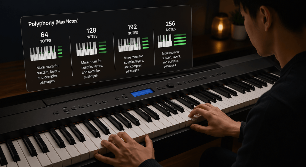 Digital piano player comparing 64, 128, 192, and 256-note polyphony for sustain, layering, and complex music.