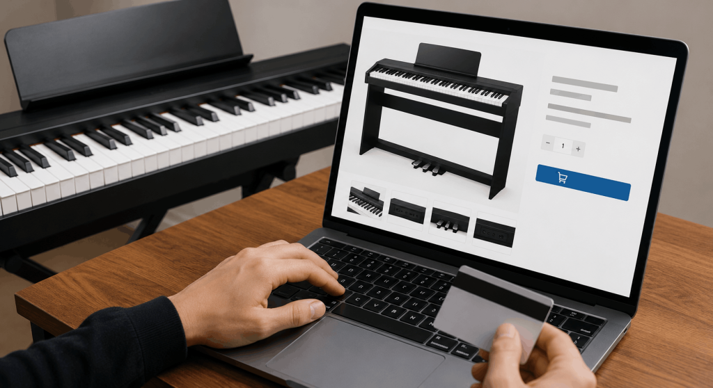 Mamimiling naghahanap ng digital piano online sa Pilipinas gamit ang laptop bago pumili ng ligtas na seller.
