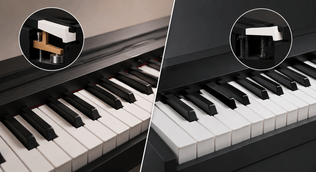 Paghahambing ng weighted at semi-weighted digital piano keys na nagpapakita ng hammer at spring action.